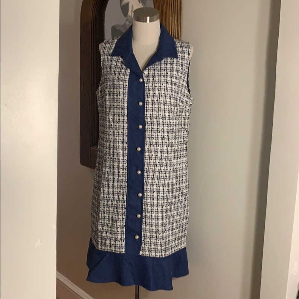 Karl Lagerfeld Paris Tweed Dress Denim Trim Pearls
